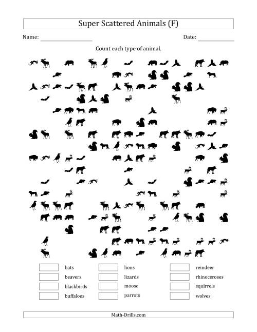 The Counting Animal Pictures in Super Scattered Arrangements (About 50 Percent Full) (F) Math Worksheet