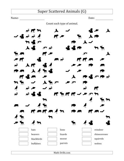The Counting Animal Pictures in Super Scattered Arrangements (About 50 Percent Full) (G) Math Worksheet
