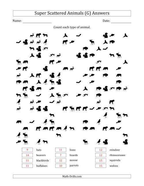 The Counting Animal Pictures in Super Scattered Arrangements (About 50 Percent Full) (G) Math Worksheet Page 2