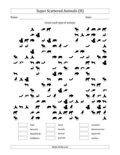 The Counting Animal Pictures in Super Scattered Arrangements (About 50 Percent Full) (H) Math Worksheet