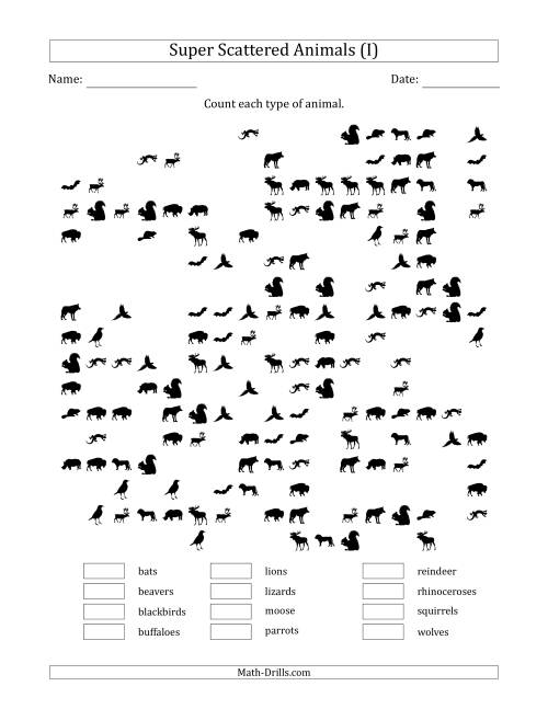 The Counting Animal Pictures in Super Scattered Arrangements (About 50 Percent Full) (I) Math Worksheet