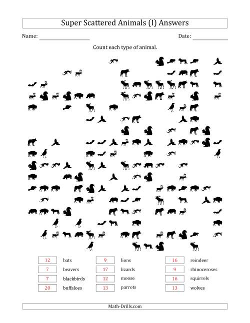 The Counting Animal Pictures in Super Scattered Arrangements (About 50 Percent Full) (I) Math Worksheet Page 2