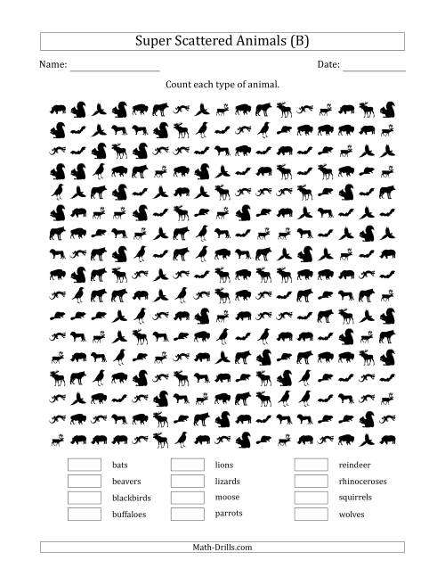 The Counting Animal Pictures in Super Scattered Arrangements (100 Percent Full) (B) Math Worksheet