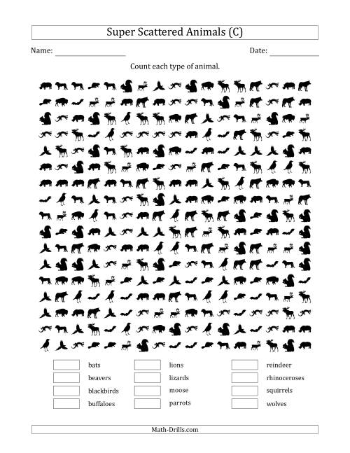 The Counting Animal Pictures in Super Scattered Arrangements (100 Percent Full) (C) Math Worksheet