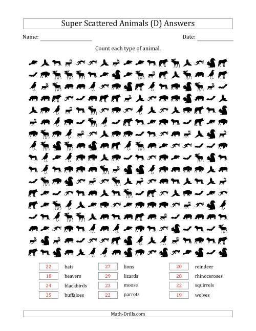 The Counting Animal Pictures in Super Scattered Arrangements (100 Percent Full) (D) Math Worksheet Page 2