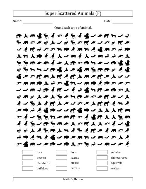 The Counting Animal Pictures in Super Scattered Arrangements (100 Percent Full) (F) Math Worksheet