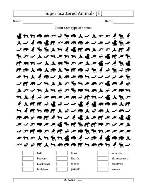 The Counting Animal Pictures in Super Scattered Arrangements (100 Percent Full) (H) Math Worksheet
