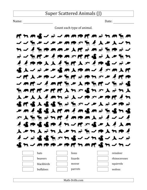 The Counting Animal Pictures in Super Scattered Arrangements (100 Percent Full) (J) Math Worksheet
