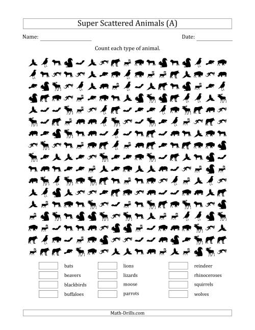 The Counting Animal Pictures in Super Scattered Arrangements (100 Percent Full) (All) Math Worksheet