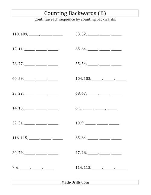 The Counting Backwards from Numbers up to 120 (B) Math Worksheet
