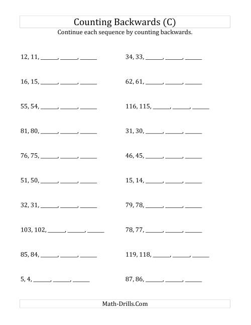 The Counting Backwards from Numbers up to 120 (C) Math Worksheet