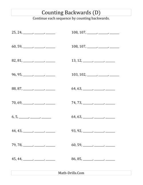 The Counting Backwards from Numbers up to 120 (D) Math Worksheet