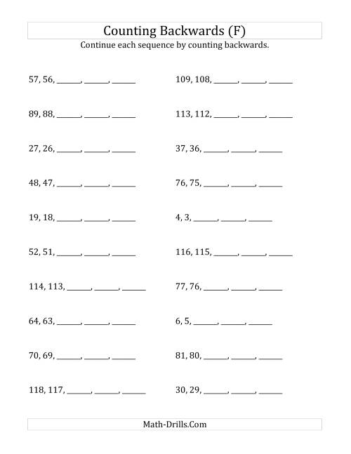 The Counting Backwards from Numbers up to 120 (F) Math Worksheet