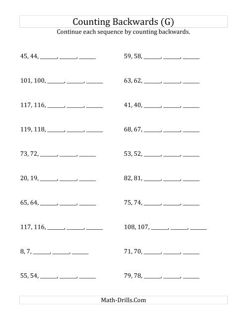 The Counting Backwards from Numbers up to 120 (G) Math Worksheet