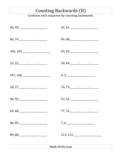 The Counting Backwards from Numbers up to 120 (H) Math Worksheet