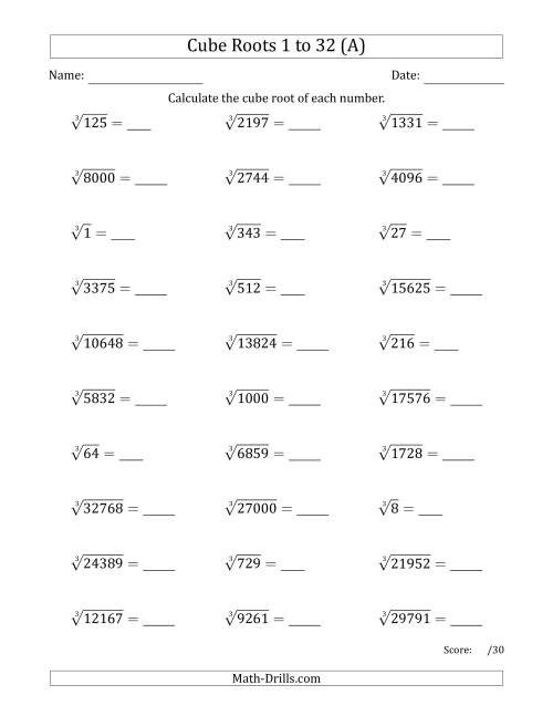 The Cube Roots 1 to 32 (A) Math Worksheet