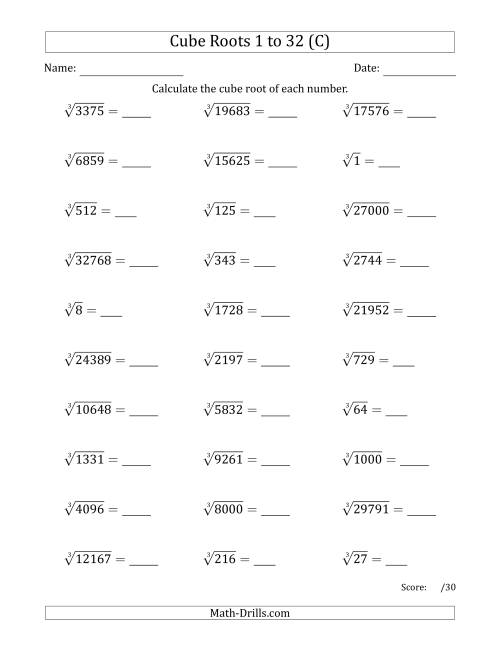 The Cube Roots 1 to 32 (C) Math Worksheet