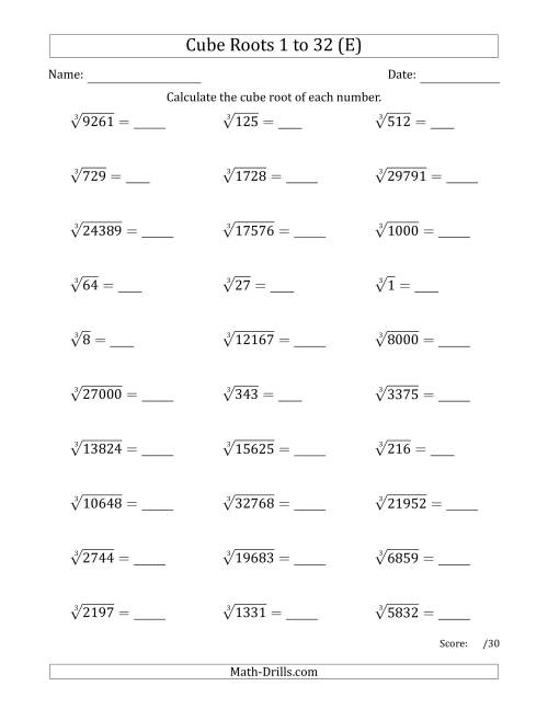 The Cube Roots 1 to 32 (E) Math Worksheet