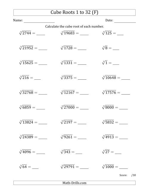 The Cube Roots 1 to 32 (F) Math Worksheet