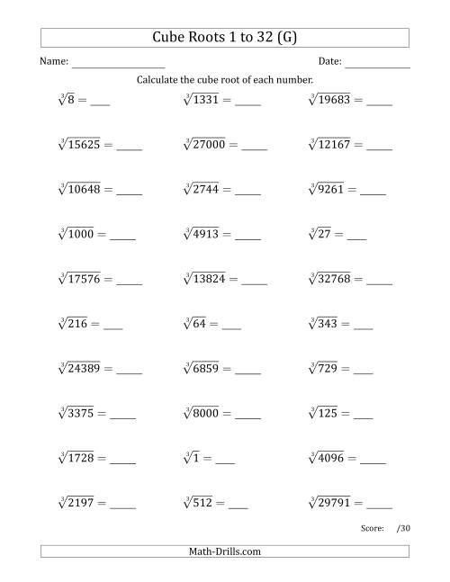 The Cube Roots 1 to 32 (G) Math Worksheet