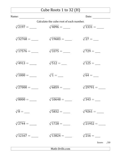 The Cube Roots 1 to 32 (H) Math Worksheet