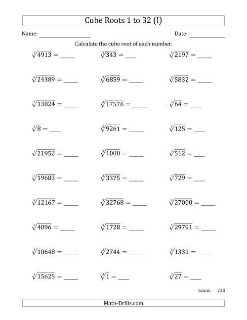 The Cube Roots 1 to 32 (I) Math Worksheet
