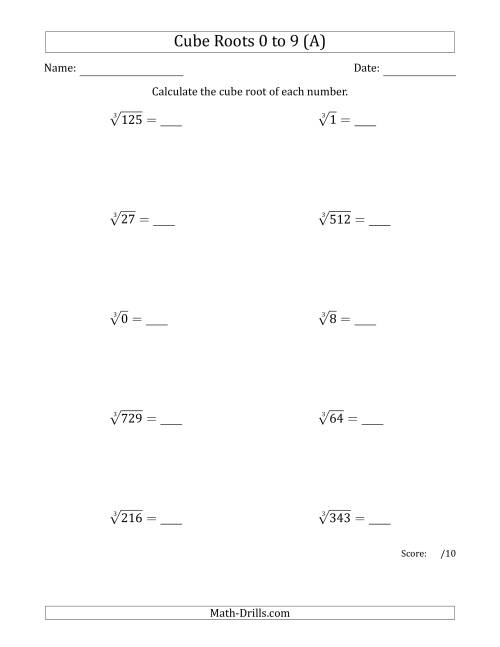 The Cube Roots 0 to 9 (A) Math Worksheet