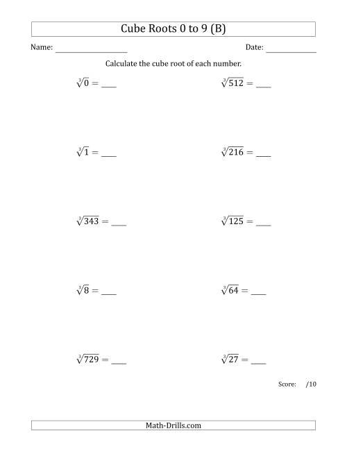 The Cube Roots 0 to 9 (B) Math Worksheet