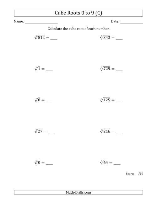 The Cube Roots 0 to 9 (C) Math Worksheet