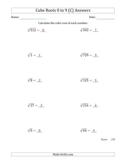 The Cube Roots 0 to 9 (C) Math Worksheet Page 2