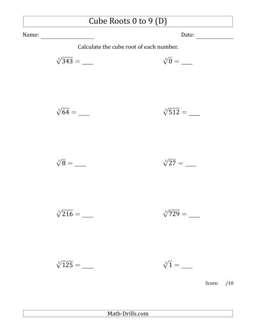 The Cube Roots 0 to 9 (D) Math Worksheet