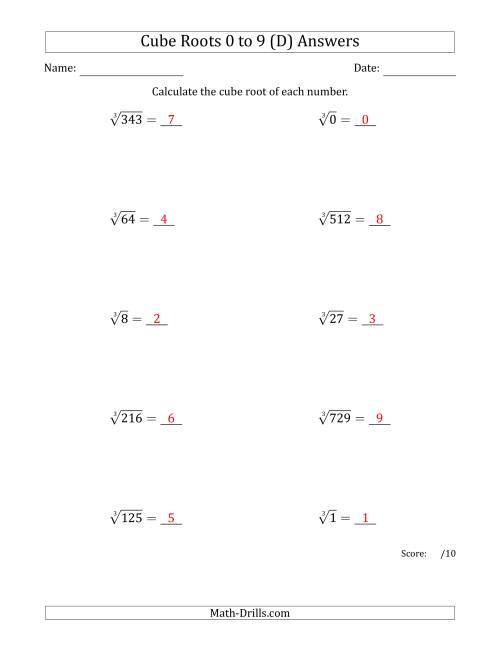 The Cube Roots 0 to 9 (D) Math Worksheet Page 2