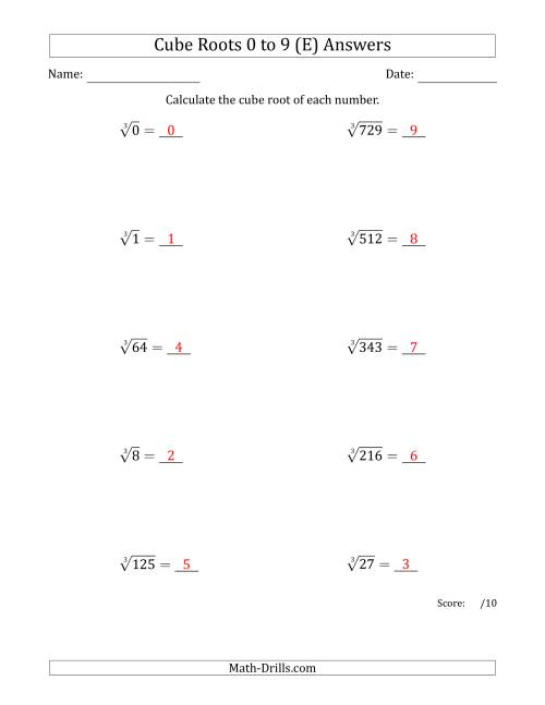 The Cube Roots 0 to 9 (E) Math Worksheet Page 2