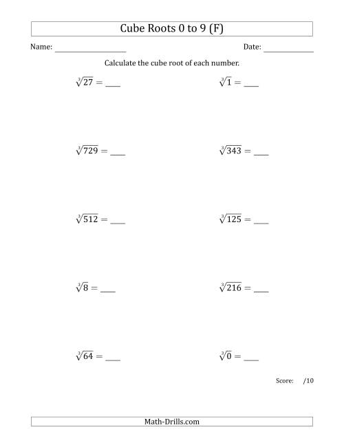 The Cube Roots 0 to 9 (F) Math Worksheet