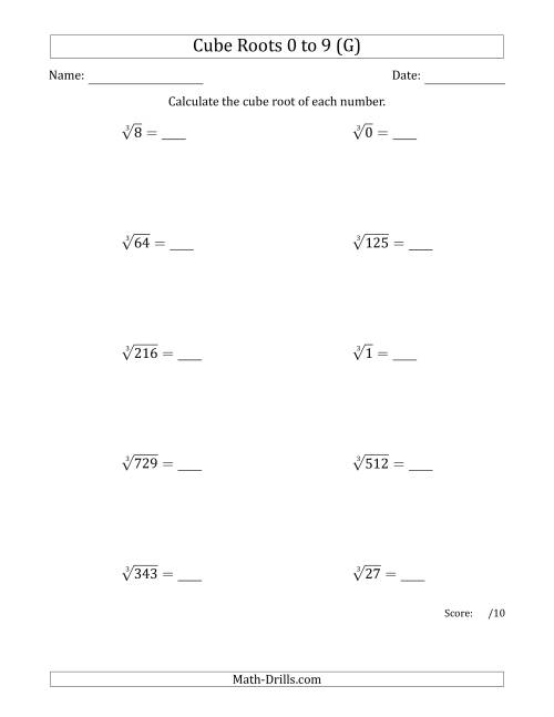 The Cube Roots 0 to 9 (G) Math Worksheet