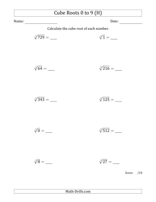 The Cube Roots 0 to 9 (H) Math Worksheet