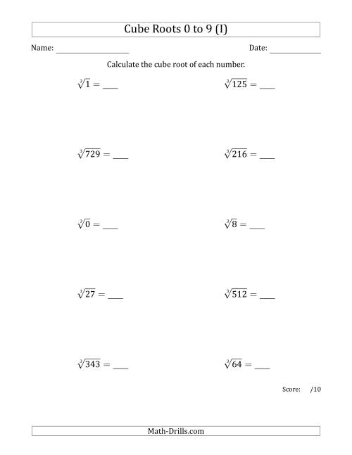 The Cube Roots 0 to 9 (I) Math Worksheet