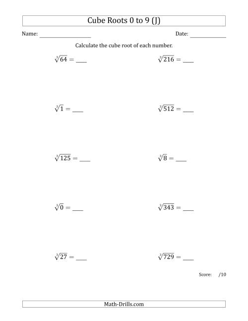 The Cube Roots 0 to 9 (J) Math Worksheet