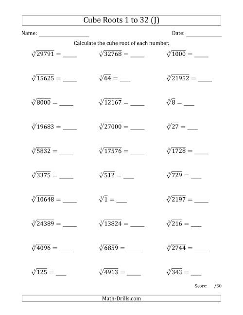 The Cube Roots 1 to 32 (J) Math Worksheet