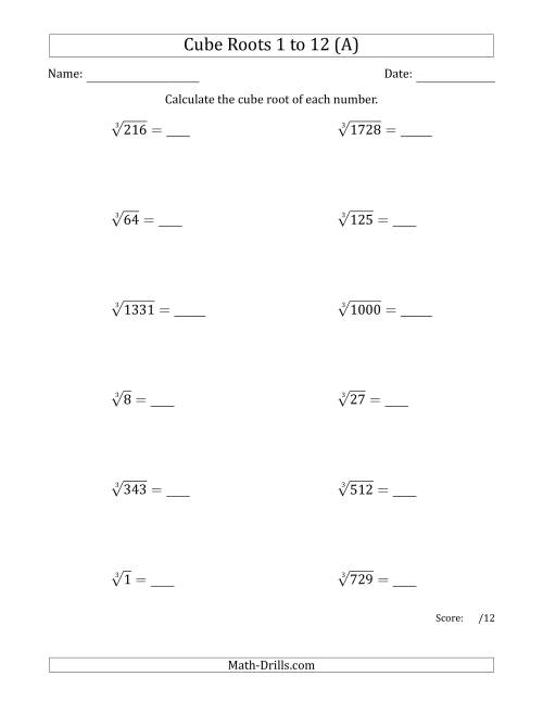The Cube Roots 1 to 12 (A) Math Worksheet
