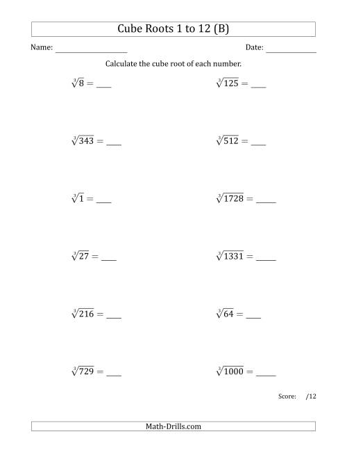 The Cube Roots 1 to 12 (B) Math Worksheet