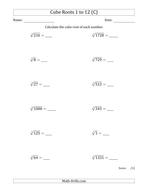 The Cube Roots 1 to 12 (C) Math Worksheet