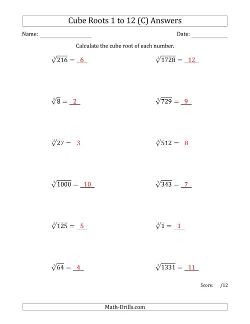 The Cube Roots 1 to 12 (C) Math Worksheet Page 2