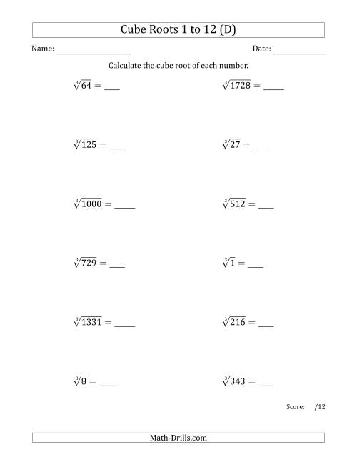 The Cube Roots 1 to 12 (D) Math Worksheet