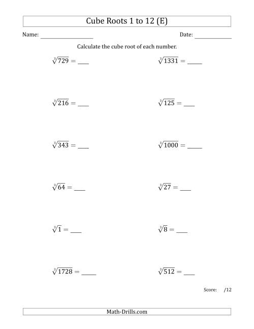 The Cube Roots 1 to 12 (E) Math Worksheet