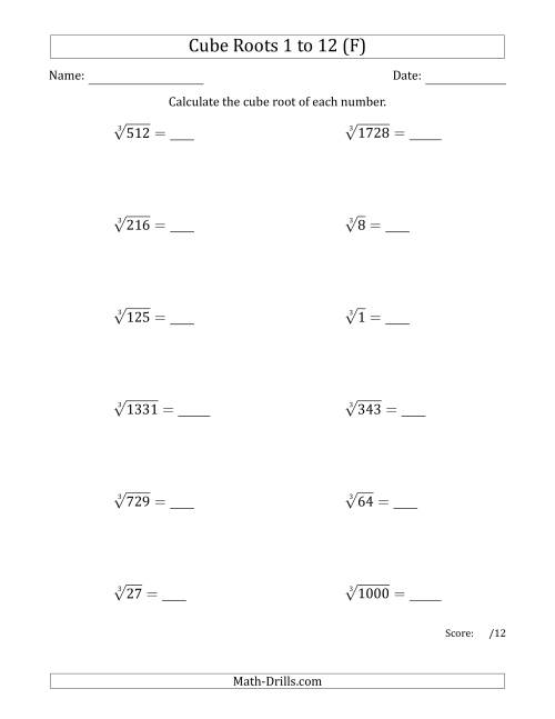 The Cube Roots 1 to 12 (F) Math Worksheet