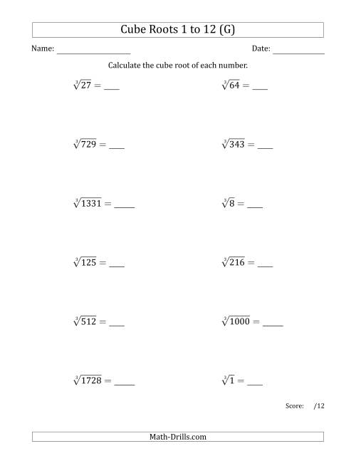 The Cube Roots 1 to 12 (G) Math Worksheet