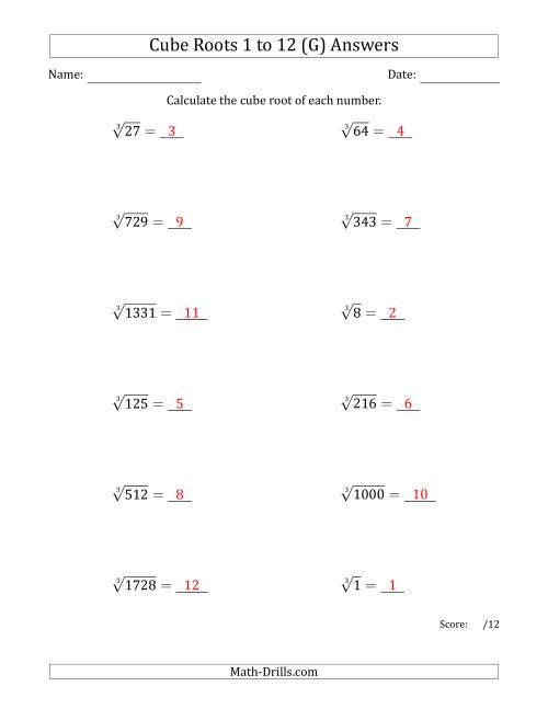 The Cube Roots 1 to 12 (G) Math Worksheet Page 2