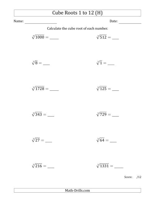 The Cube Roots 1 to 12 (H) Math Worksheet