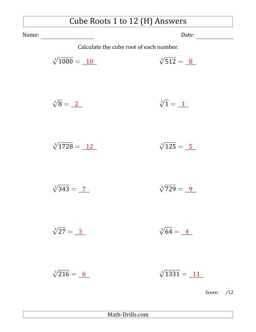 The Cube Roots 1 to 12 (H) Math Worksheet Page 2